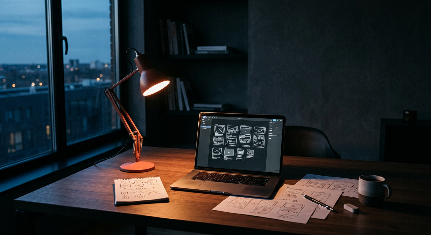 The Oryno studio workspace with interface sketches and a laptop